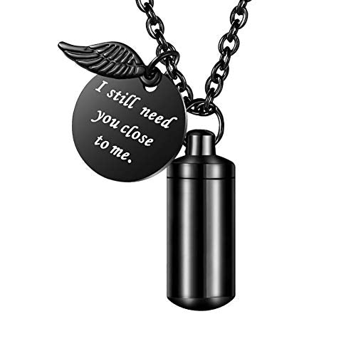 abooxiu Cylinder Urn Necklace for Ashes Cremation Jewelry/Keychain for human Pet Stainless Steel Memorial Keepsake Pendant with Angel Wing Charm Ashes - color: Black-s