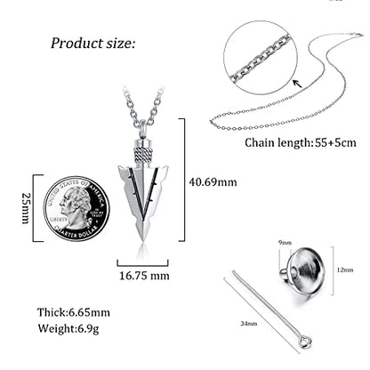 Spearpoint Arrowhead Urn Neckalce for Ashes Tribal Ash Holder Cremation Keepsakes Memorial Pendant Jewelry - color: Silver