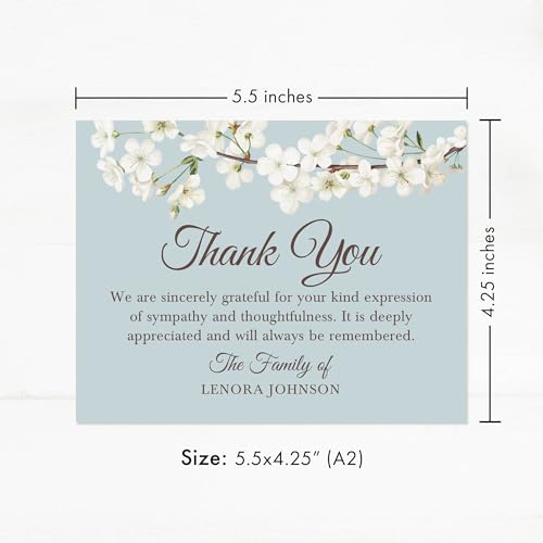 White Floral Cherry Blossom Sympathy Thank You Cards, Blue-Gray & White