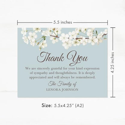 White Floral Cherry Blossom Sympathy Thank You Cards, Blue-Gray & White