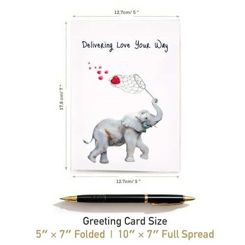 Watercolor Elephant "Thinking of You" Card – "Delivering Love Your Way" – Heartfelt Encouragement & Support Card for Friends, Family – 5x7 Premium Textured Art Stationery – Blank Inside
