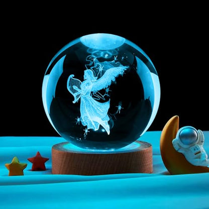 Guardian Angel Crystal Ball Lamp, Glass Angels Figurine Ball Night Light | 16 Colors Table Lamp with Wooden Base and Remote Control, Angels Gifts and Birthday Gift for Women Men Kids (angel) - color: Angel
