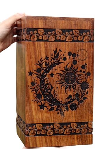 Sun & Moon Urns, Night Galaxy Unique Wooden Urn, Humans & Burial Urns for Ashes - Adult or Pet Dog Cat Ashes Cremains Memorial Funeral Urns for Adult Male Female ((9.5X5.5INCH) 180CB) - size: (9.5X5.5INCH) 180CB)
