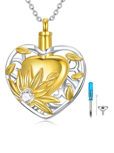 Cremation Jewelry for Ashes 925 Sterling Silver Sunflower/Rose/Cross/Paw Print/Crystal/Swan/Hamsa Hand/Koala/Clover/Bar Urn Necklace for Human Pet Ashes Keepsake Memorial Jewelry Gifts for Women Girls - color: 14-Sunflower Heart Urn