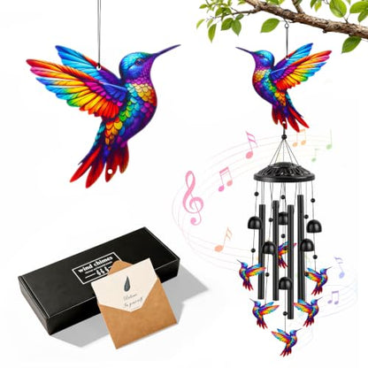 Aluminum Hummingbird Wind Chimes for Outside, Metal Garden Treasures Wind Chime with 4 Durable Tubes & 6 Bells, Unique Grandma Garden Gifts Box & Card Included, 35.4" (Colorful) - color: Colorful
