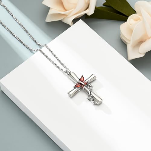 shajwo Butterfly Cross Urn Necklaces for Ashes for Women Men - color: Silver-Red