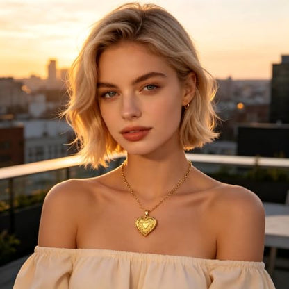 Heart Locket Necklace Pendant Dainty Memorial Keepsake Locket Necklace That Holds Pictures Stainless Steel Heart Photo Box Necklace for Women Lover Mother Father Daughter Son Fashion Jewelry Gifts - color: 01Gold