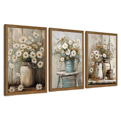 DUWQU Triptych Rustic Farmhouse Daisy Framed Canvas Wall Art 16x24 inch x3 - color: flower(Framed), size: 24"L x 16"W