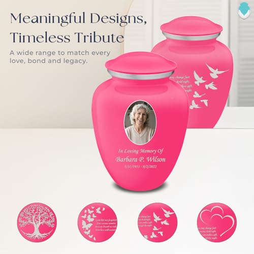 Geturns Embrace Adult Personalized Doves Cremation Urns for Human Ashes I Large Picture Bright Pink Funeral Urn for Adult Men and Women with Double Side Engraving I 200 lbs - color: _Bright Pink (Double Sided)