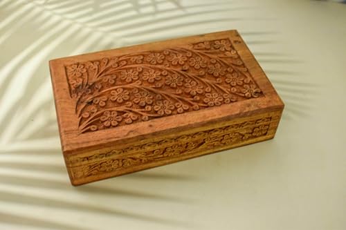 Hand Carved Wooden Large Floral Box – Decorative Wooden Keepsake Storage Box for Jewelry, Watches, Coins & Trinkets, Multipurpose Treasure Chest Organizer, Gift Box, 10 x 6 Inch - color: Design 12
