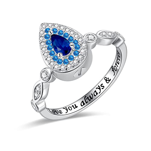 Sariel Teardrop Cremation Ring for Ashes - 925 Sterling Silver Urn Keepake Rings Memorial Jewelry for Women - color: Blue