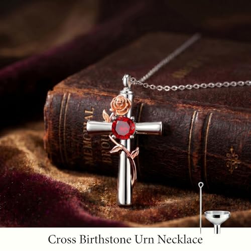 YYB Rose Flower Urn Necklaces Cross Birthstone Cremation Jewelry for Ashes Memorial Keepsake Funeral Pendant for Women - color: 07-Jul-Ruby
