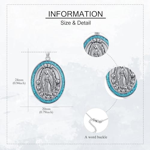 YAFEINI Virgen De Guadalupe Necklace 925 Sterling Silver Mother Mary Necklace Virgencita Jewelry Thanksgiving Day Gifts for Women - style: Turquoise2
