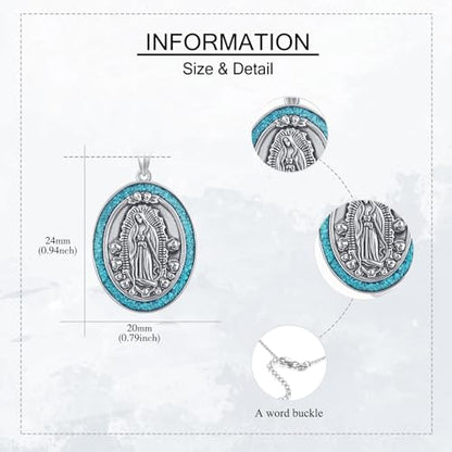 YAFEINI Virgen De Guadalupe Necklace 925 Sterling Silver Mother Mary Necklace Virgencita Jewelry Thanksgiving Day Gifts for Women - style: Turquoise2