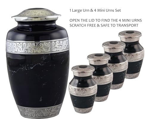 Metal Black Cremation Urns for Human Ashes with Velvet Bag, Urn Set - Cremation Urn with 4 Small Urns for Human Ashes Adult Male & Female, Decorative Urns, Urns Set of 5 (Adult Black URN Set)