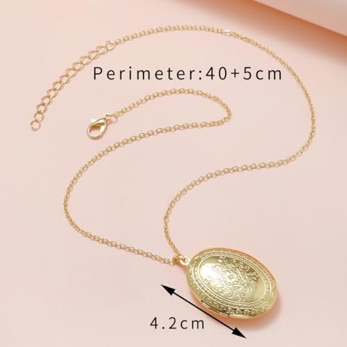Locket Picture Pendant Heart Necklace,Retro Carved Flower Relief Pattern Oval Center Necklace Souvenir Memorial Clavicle Jewelry for Women - color: D gold oval