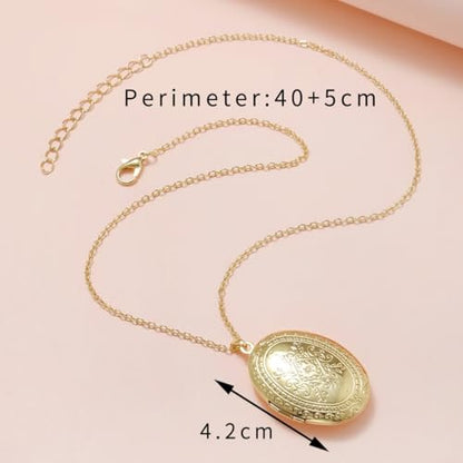 Locket Picture Pendant Heart Necklace,Retro Carved Flower Relief Pattern Oval Center Necklace Souvenir Memorial Clavicle Jewelry for Women - color: D gold oval