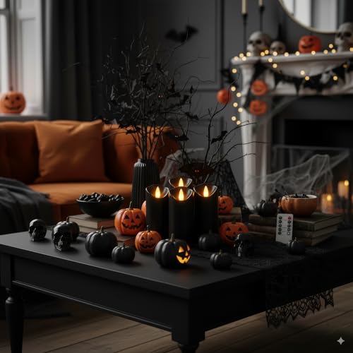 Homemory Black Flameless Candles, Halloween Candles, Battery Operated Candles, LED Pillar Candles with Remote Control and Timers, Set of 9 | Plastic shell, battery operated flickering c, les, dual remotes, indoor Halloween party, mantel, staircase , table