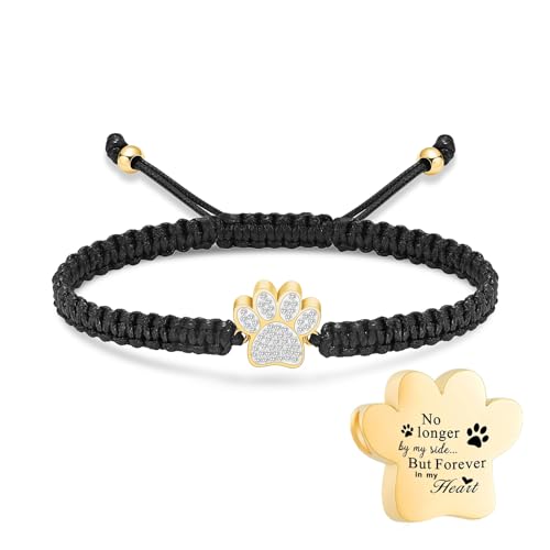 Hearbeingt Paw Print Urn Bracelet for Ashes Pet Cremation Jewelry | Stainless Steel,Adjustable Braided Rope,Mini Ash Holder for Dog Cat,Memorial Keepsake Jewelry, Bereavement Gift Pet Loss - color: A-Gold