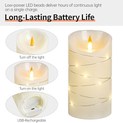 Rechargeable LED Candles, Real Wax, 4 5 6 in, Ivory, 3 Pack | USB rechargeable real wax candles with remote, timer and star lights - color: Ivory White