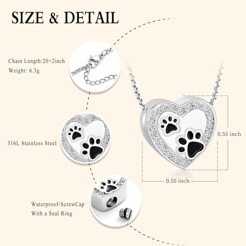 Oinsi Pet Cremation Jewelry - Heart Urn Necklaces for Dog Cat Ashes Keepsake Pet Paw Memorial Urn Pendant Ash Holder for Women Men - color: Sliver