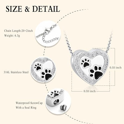 Oinsi Pet Cremation Jewelry - Heart Urn Necklaces for Dog Cat Ashes Keepsake Pet Paw Memorial Urn Pendant Ash Holder for Women Men - color: Sliver