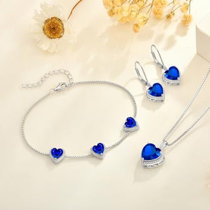 925 Sterling Silver Halo Heart Necklace for Women | Lwsary Love Heart Necklace, Heart Cut Birthstone Jewelry for Her - color: Deep Blue