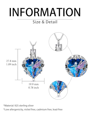 JKR Heart Urn Necklace for Ashes Crystal Keepsake Pendant Memorial Jewelry - style: Hummingbird-Blue Heart