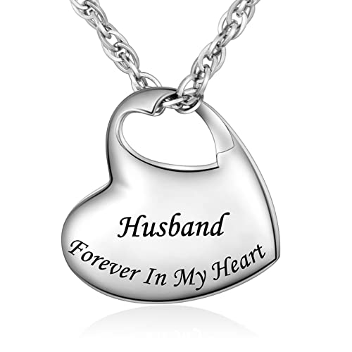abooxiu Heart Urn Necklaces for Ashes Cremation Necklace for Ashes for Family Stainless Steel Cremation Jewelry - Forever in My Heart - color: Silver-Husband