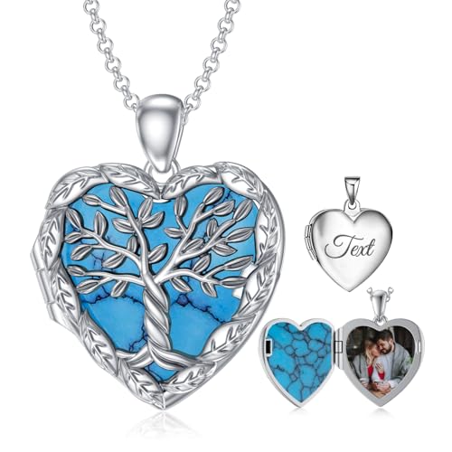 SOULMEET Personalized Tree of Life/Palm Tree Heart Locket Sterling Silver Necklace That Holds 1 or 2 Pictures Memorial Vintage Photo Locket Custom Any Photo Healing Gift - style: E3-Turquoise tree locket+photo+text