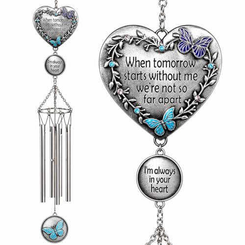 Memorial Wind Chimes Condolence Gift – “When Tomorrow Starts Without Me, I’m Always in Your Heart” Sympathy Wind Chime with Heart & Butterfly Design, in Loving Memory Garden Chimes, 26" Long