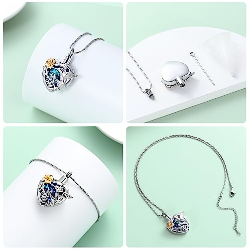 Yinplsmemory Hummingbird Cremation Jewelry Crystal Heart Urn Ashes Necklace for Women Men Memorial Keepsake Necklace of Loved One - color: Blue-Gold