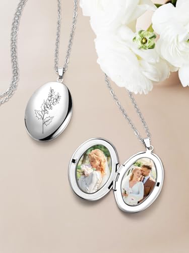 Custom Photo Locket Necklace Women Personalized Text Birth Flower Necklace that Hold Picture Stainless Steel Memorial Jewelry for Mothers Day Christmas - color: Silver