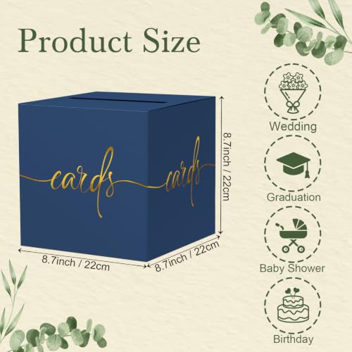 Navy Blue Wedding Card Box with Gold Foil Design, Paperboard 8.7" Card Box for Graduation Birthday Party Reception Retirement Anniversary Bridal & Baby Shower - color: Navy Blue Card Box with Gold Foil, size: 8.7×8.7×8.7Inch(1 Pack)