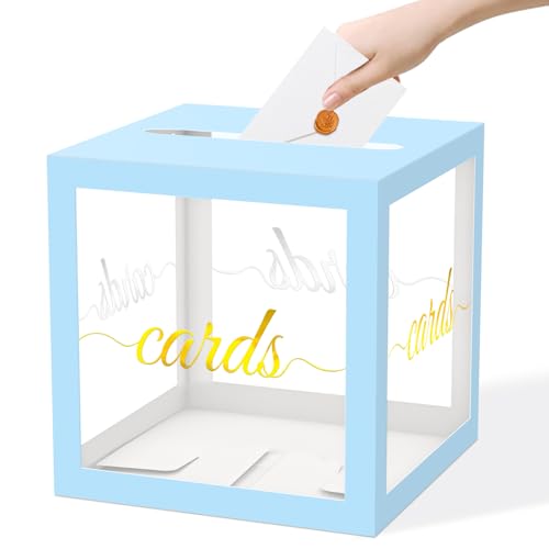 QISOLIY Light Blue Clear Gold Card Box for Party 8.7" Wedding Card Boxes for Reception Holder Money Box for Birthday, Baby Shower, Bridal Shower, Graduation, Retirement, Anniversaries Party Decoration - color: Light Blue Clear Gold