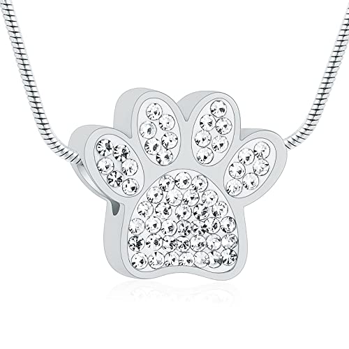 Paw Print Urn Necklace for Ashes Pet Paw Cremation Jewelry Ashes Necklace Keepsake Memorial Jewelry for Pet/Dog's/Cat's Ashes Pendant Gifts for Men/Women - color: Crystal-Silver