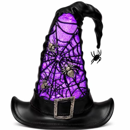 Halloween Witch Hat Snow Globe Lantern with Swirling Glitter, Purple Light | Spiderweb details and 6H timer, Battery-operated 9.5-inch tabletop decor for mantel, shelf, entryway and Halloween parties - color: Witch Hat