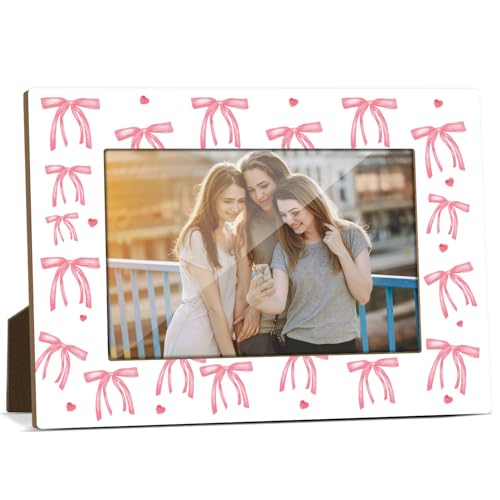 Pink Bow Picture Frame, Birthday Gifts for Sisters Girl Mom Friends Women, Wooden Picture Frame Fits 4x6 Inch Photo, Home Office Desktop Nightstand Display -071 - color: Pink Bow