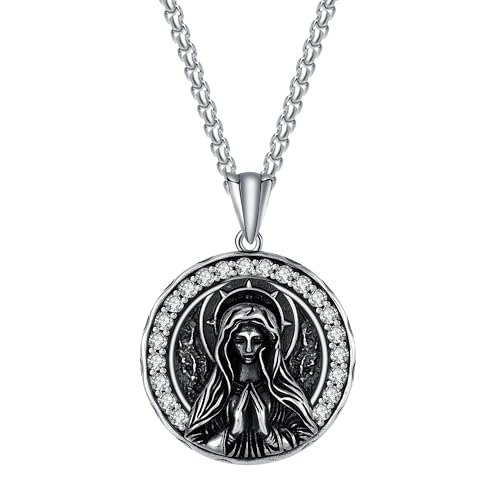 925 Sterling Silver Patron Saint Necklace Amulet Miraculous Medal Pendant Jewelry for Men Women with Friendship Talisman Travel Inspirational Gifts - color: black-C