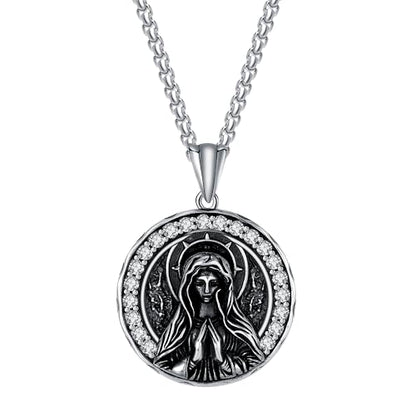 925 Sterling Silver Patron Saint Necklace Amulet Miraculous Medal Pendant Jewelry for Men Women with Friendship Talisman Travel Inspirational Gifts - color: black-C