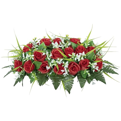DONODA Cemetery Tombstone Flower Saddle - Outdoor Grave Decorations - Non-Bleed Colors, Rose Combination Flower (red Saddle) - color: Red Saddle