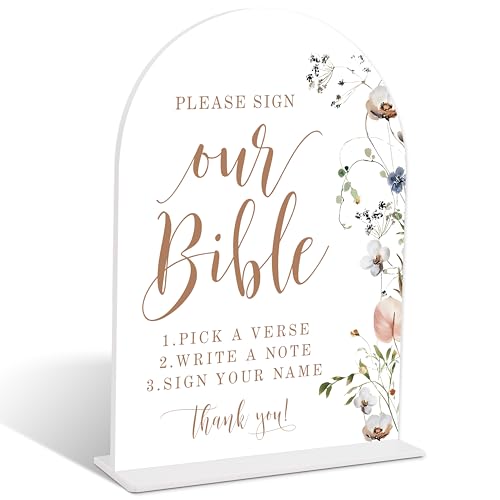 Boho Floral Please Sign Our Bible Sign, Arch Acrylic Sign with Stand, Wedding Signage for Reception, Bridal Shower Table Decor, Engagement Party Decorations, Wedding Must Haves for Reception, 11 - color: Please Sign Our Bible Sign, 11