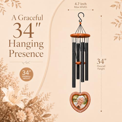 34 Inch Memorial Wind Chimes for Outside with Heart Photo Frame, Black - color: Black