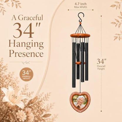 34 Inch Memorial Wind Chimes for Outside with Heart Photo Frame, Black - color: Black