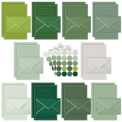 Taobary 160 Pack Stationery Paper Set,5.5 X 8.25 Inch,Sage Green Color | stationery paper and envelopes set,50 Double Sided Stationery Writing Papers 50 Matching Envelopes 60 Round Dot Sticker - color: Sage Green Color, size: 5.5 x 8.25 Inch