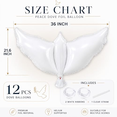12 Pieces 36 Inches Large White Peace Dove Balloons Aluminum Foil Pigeon Bird Balloons for Wedding Engagement Funeral Memorials Remembrance Charity Party Decorations Supplies
