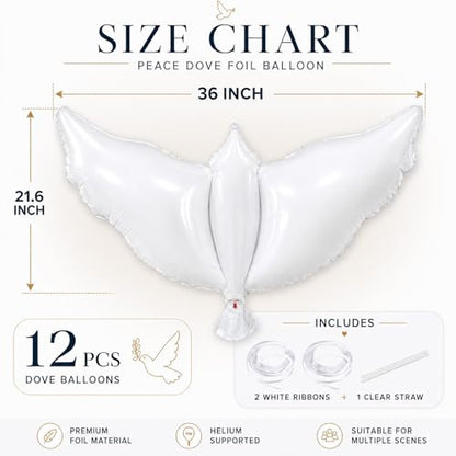 12 Pieces 36 Inches Large White Peace Dove Balloons Aluminum Foil Pigeon Bird Balloons for Wedding Engagement Funeral Memorials Remembrance Charity Party Decorations Supplies