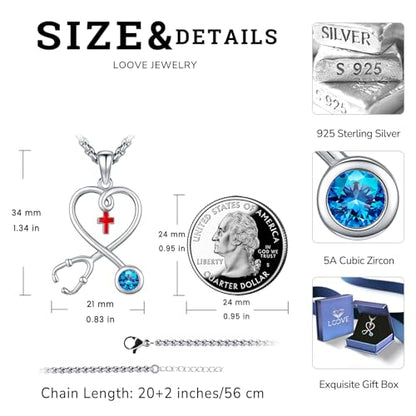 Angel Wings Necklace 925 Sterling Silver Guardian Angel Nurse RN Caduceus Pendant Charm Crystal Angel Jewelry Gifts for Women - style: H-Stethoscope-12-Dec.-Blue Topaz