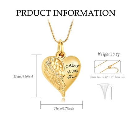 Cremation Jewelry Angel Wing Stainless Steel Heart Urn Necklaces for Ashes Memorial Keepsake Pendant for Women Men - color: Gold
