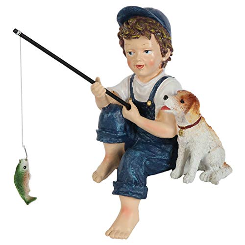 Lily's Home 11-Inch Fishing Boy and Dog Statue - Resin Garden Decor for Outside - Outdoor and Garden Decorations - Cottage Style Garden Statues Yard Art - color: Boy and Dog Garden Statue
